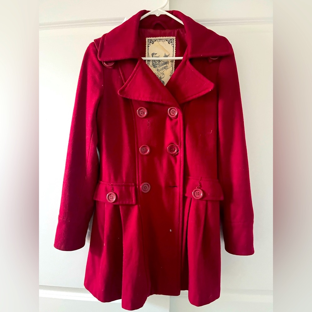 Nordstrom size medium red wool peacoat. Some minor signs of wear.